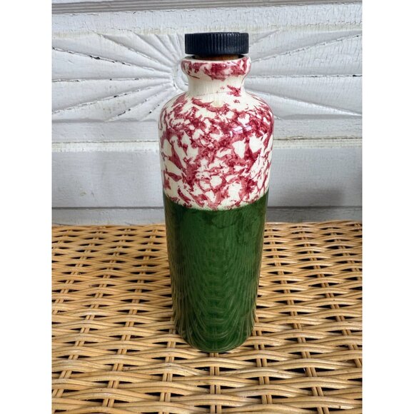 Vintage 30's Spongeware Ceramic Bottle With Cork Stopper Green Red - Picture 4 of 8